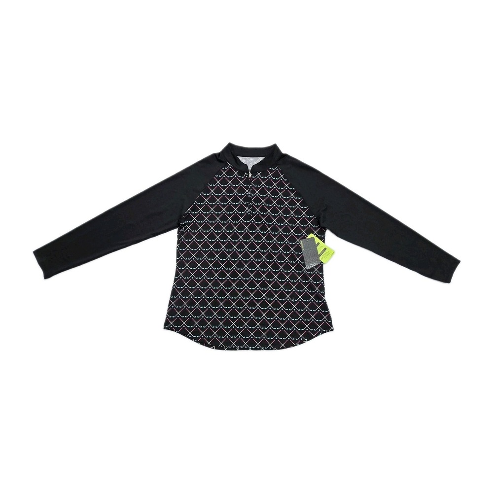 Emerald 18 Womens Golf Top Large Black Pink Blue Golf Club Print Quarter Zip NWT